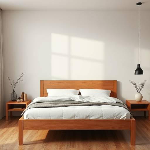 Cama de madeira maci칛a com design minimalista em um quarto aconchegante.