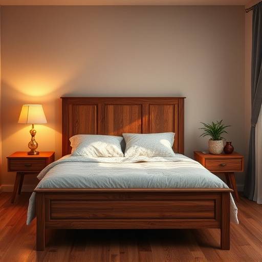 Quarto aconchegante com cama de madeira, criado-mudo e lumin√°ria.