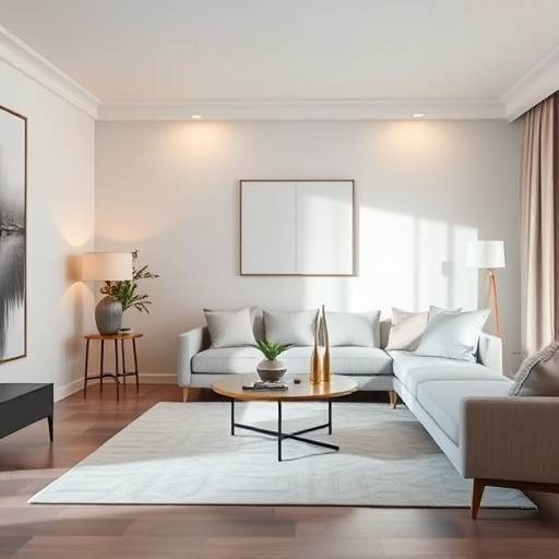 Sala de estar moderna com sof√° confort√°vel e mesa de centro elegante.