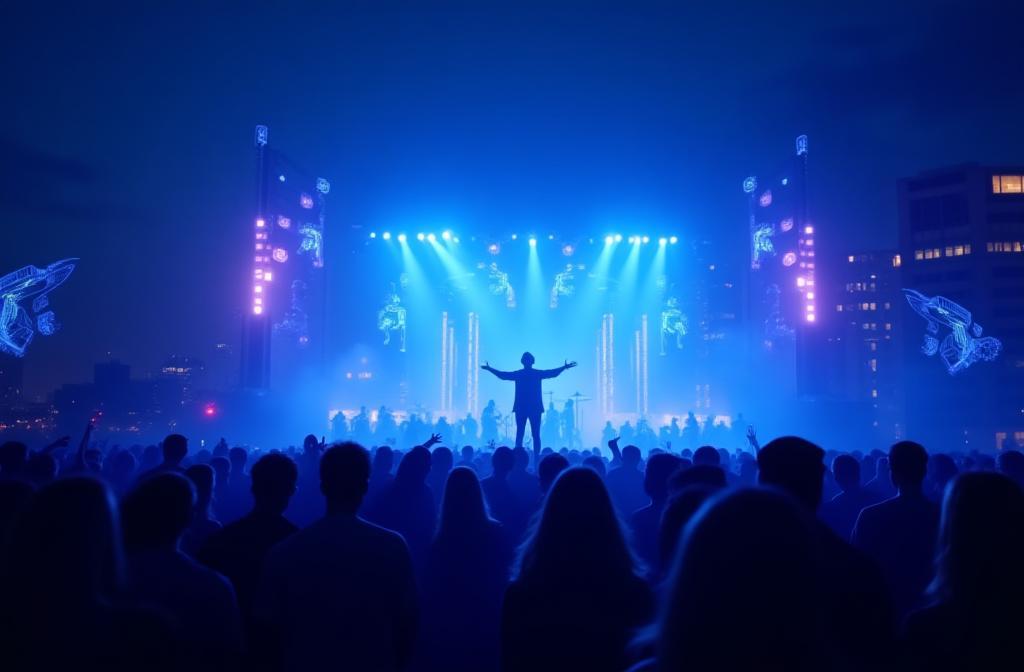 Palco digital urbano com artista e público conectados por hologramas musicais